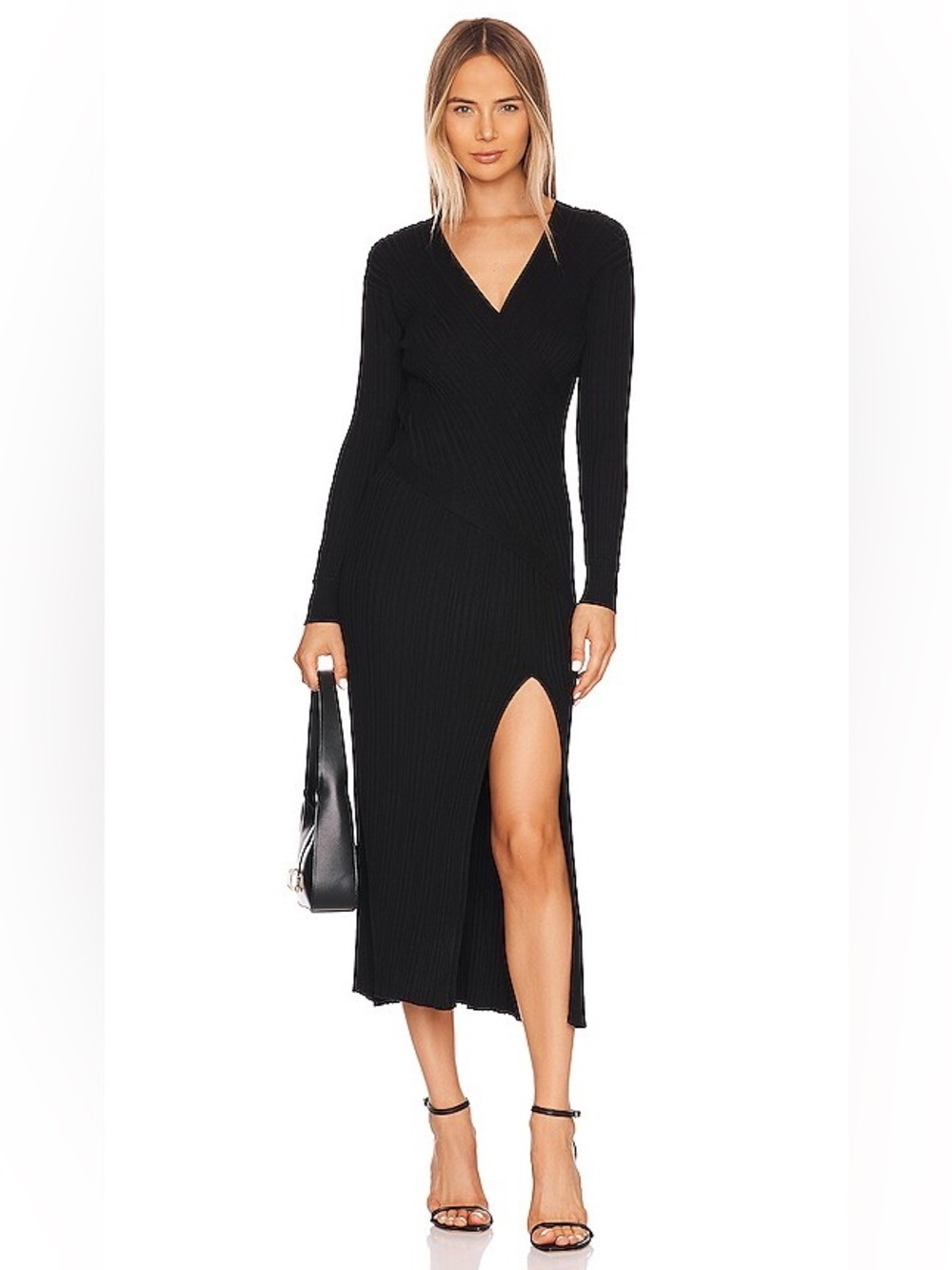 Astr Astrid Black Ribbed V‑Neck Long Sleeve Midi Dress with High Side Slit